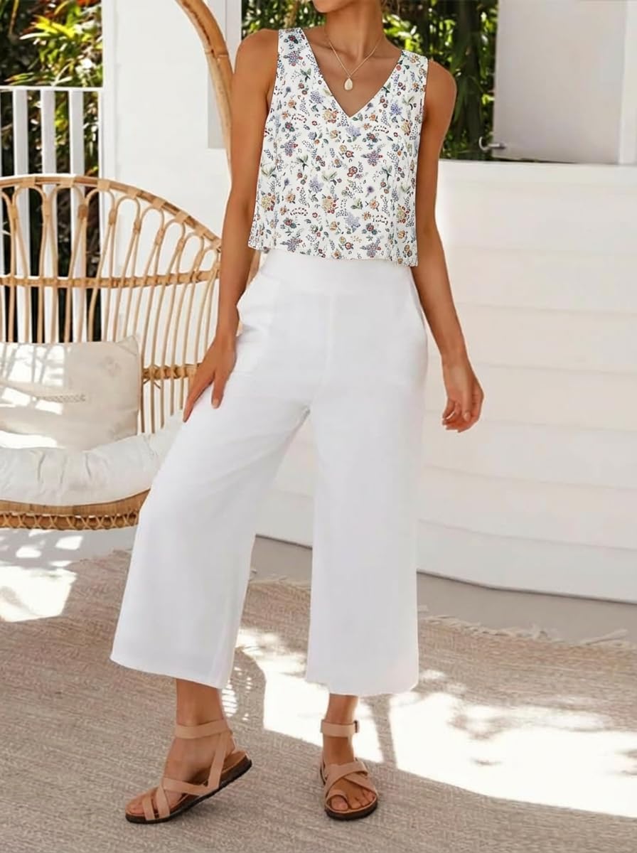 IDEALSANXUN Womens V Neck Cropped Linen Tank Tops Spring Summer Sleeveless Shirts - Image 3