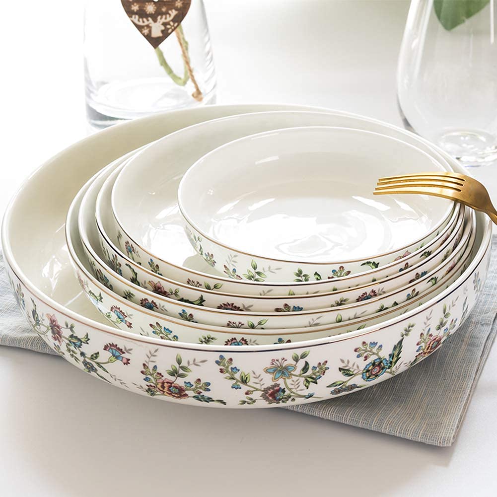 62-częściowy zestaw obiadowy z porcelany kwiatowej, kolekcja najwyższej jakości zastawa stołowa z porcelany kostnej, naczynia/talerz, zmywarka i kuchenka mikrofalowa, wielokolorowy, 62 szt. na 10 osób