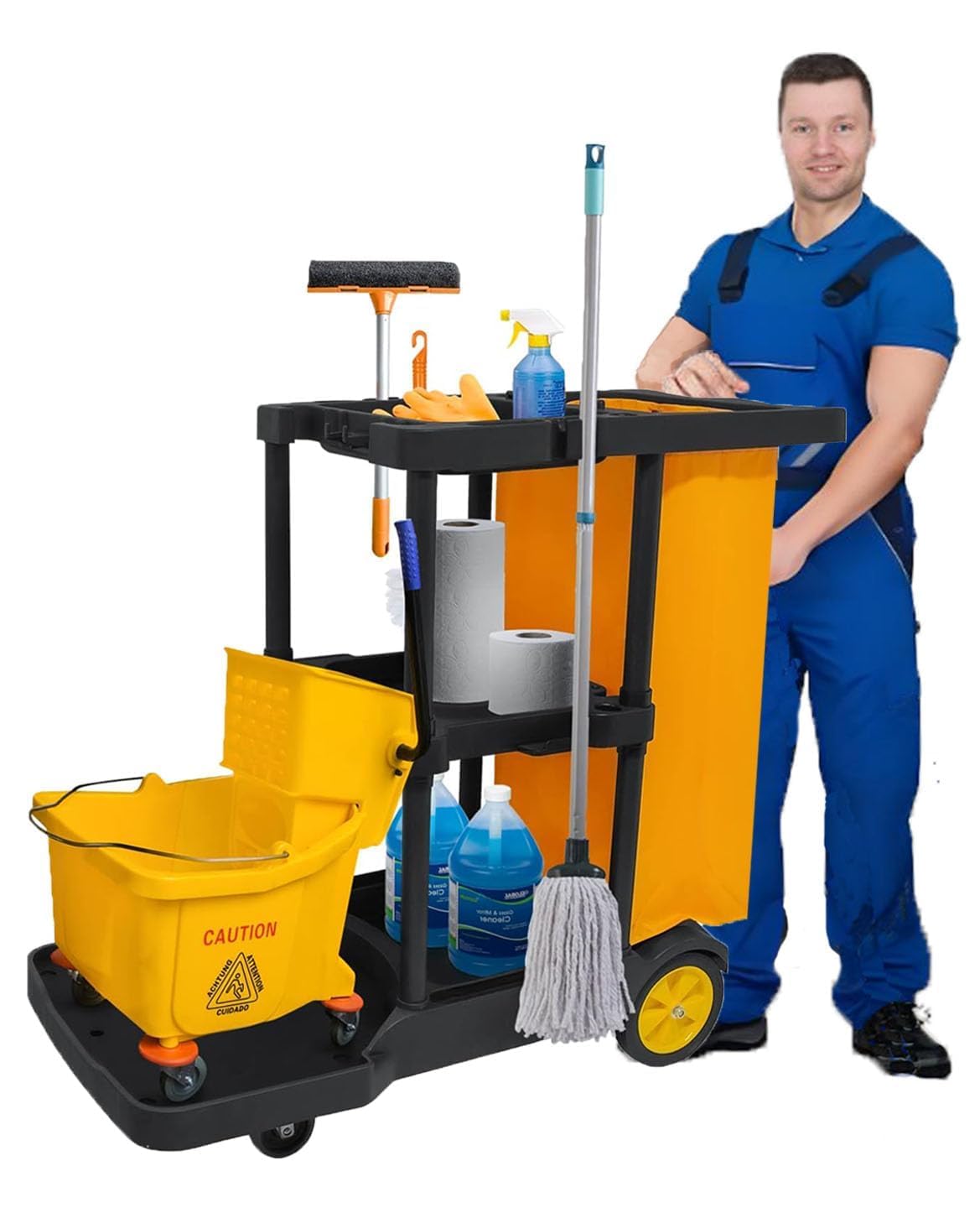 tonchean Commercial Janitorial Cart, 3-Shelf Large Capacity Housekeeping Cart with 25 Gallon Vinyl Bag & Wheels, 44.5" L x 22" W x 36.6" H, Utility Clean Trolley for Professional Cleaning, Black