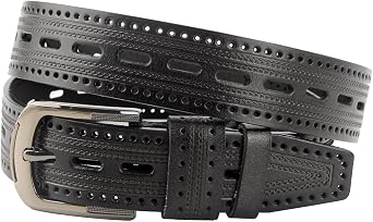 URAMAN Genuine Leather Dress Belt for Men Business Casual Hollow Out Western Country Cowboy Belts for Jeans Pants Black