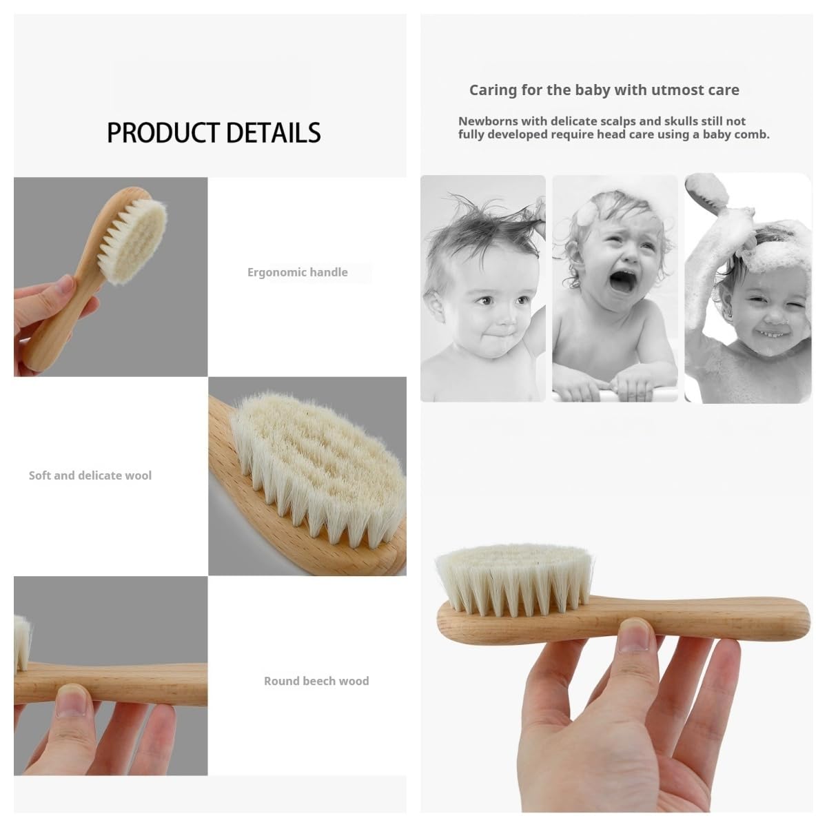 2 cepillos de pelo de cabra natural para bebé, hipoalergénico y mango de madera suave para masaje delicado del cuero cabelludo y relajación, perfecto para recién nacidos y niños pequeños