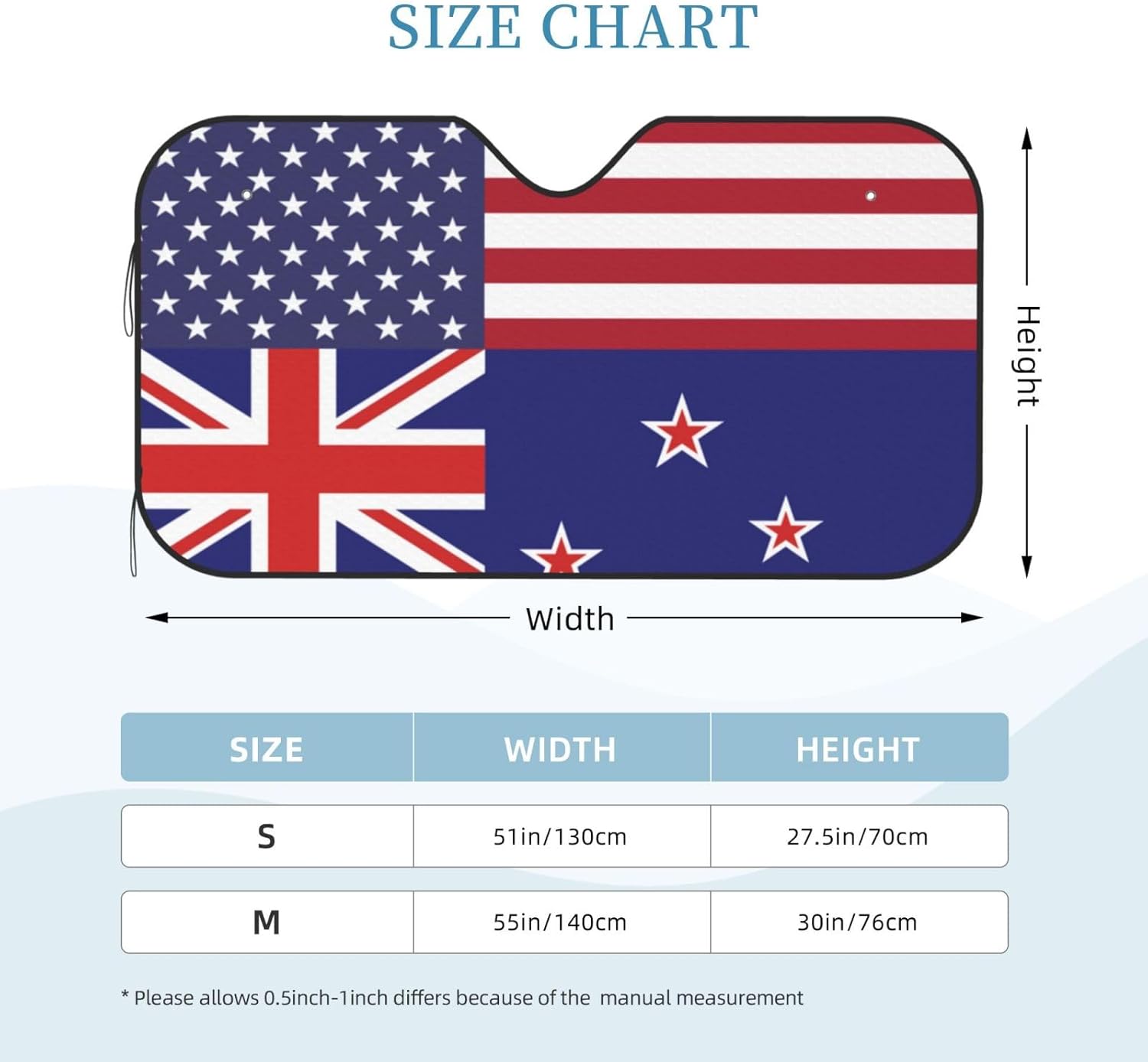 America New Zealand Friendship Flag Foldable Car Windshield Sunshade Blocks Heat and Sun Glare Uv Rays