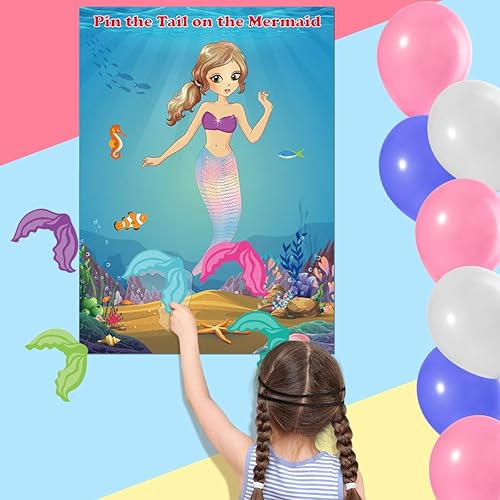 Miniatura 6 de FEPITO Suministros de fiesta de sirena Pin The Tail on The Mermaid Party Game con 24 calcomanías de cola para recuerdos de fiesta de sirena, fiesta