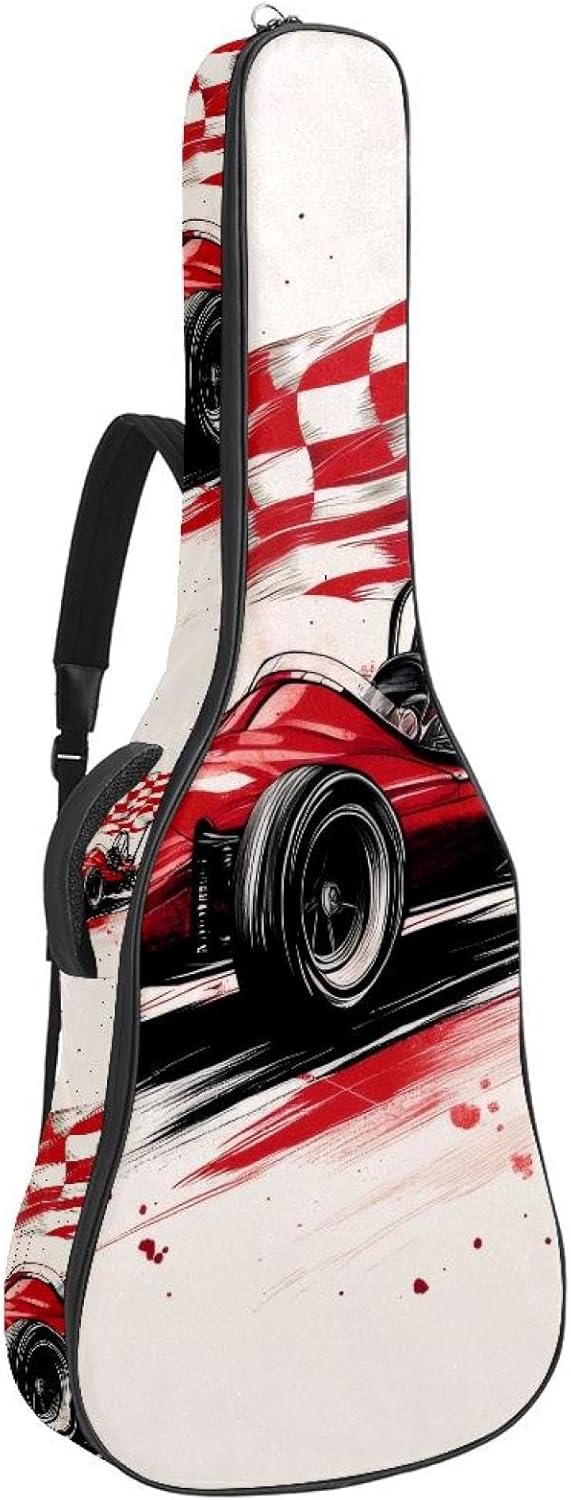 Cool Red Racing Car with Chequered Flag Acoustic Guitar Gig Bag, 1 cm Thick Padding Waterproof Guitar Bag Backpack for 40 41 42 Inch Electric Bass Classical Guitars