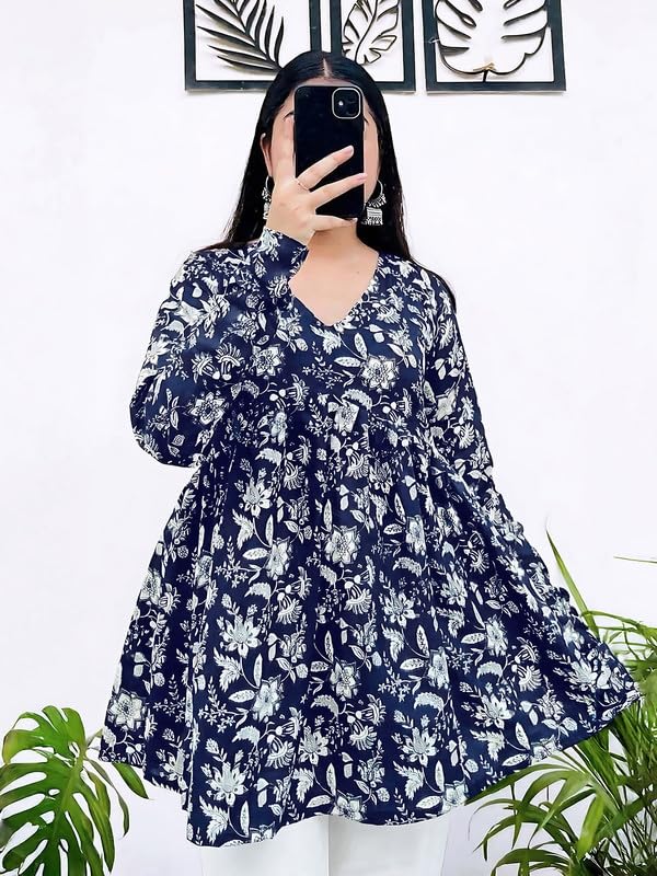 Image of Dream Beauty Fashion Women's Printed Tunic Top /Short Kurti with Long Sleeve V-Neck -23 inch Inches (Tunic-Top)