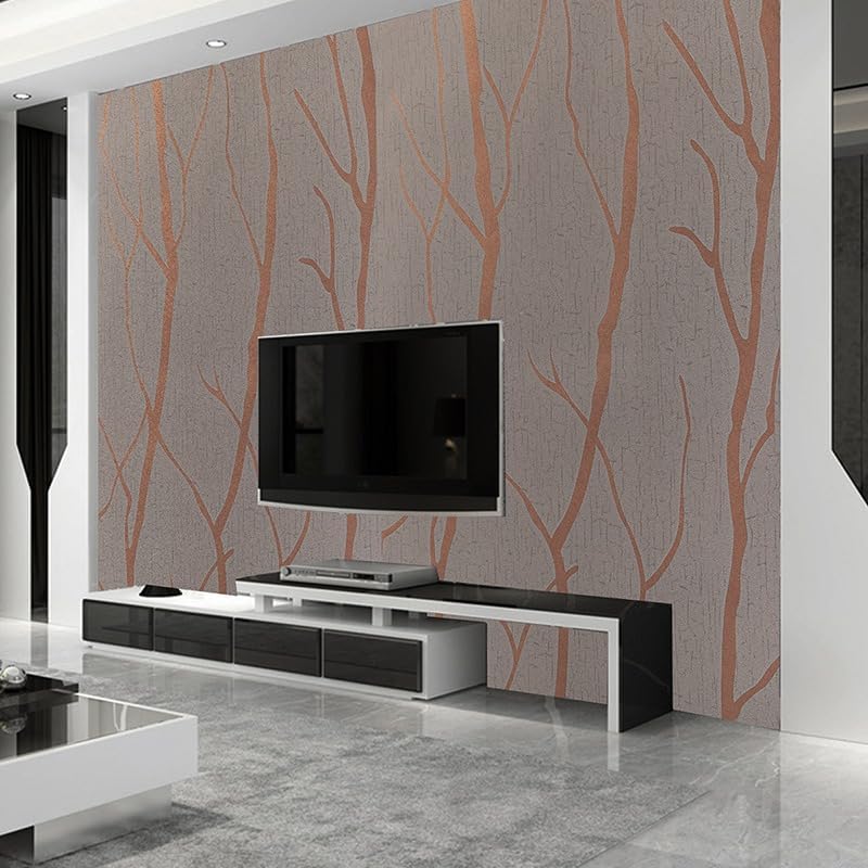 Snewvie Brown Wallpaper 3D Embossed Tree Branch Glitter Textured Wallpaper Modern Minimalist Taupe Striped Feature Wall Paper for Bedroom Living Room TV Backdrop Hallway