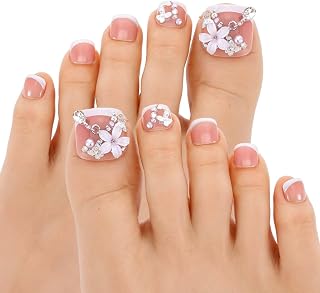 24 Pcs Press On Toenails For Women,Pedicure French Tip Press On Toenails,Pedicure Nail Kit,3D White Flowers Fake Toenail Short Square Summer False Toenail Glossy Finish for Pedicures Decorations