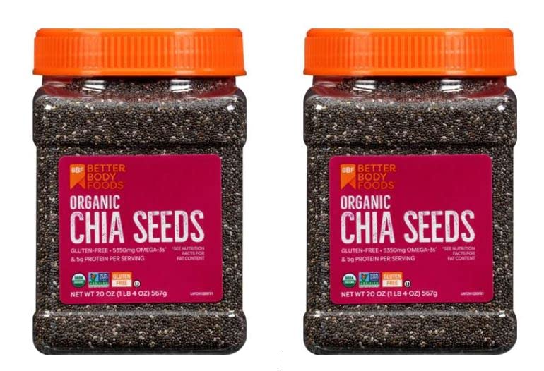 Better Body Foods, Organic Chia Seeds with Calcium, Iron, Potassium, 5350mg Omega-3s, Non-GMO and Gluten Free | Add Omega 3 Protein to Salad, Smoothie, Oatmeal Acai Bowl | Pack of 2 - 567 grams Airtight Jars