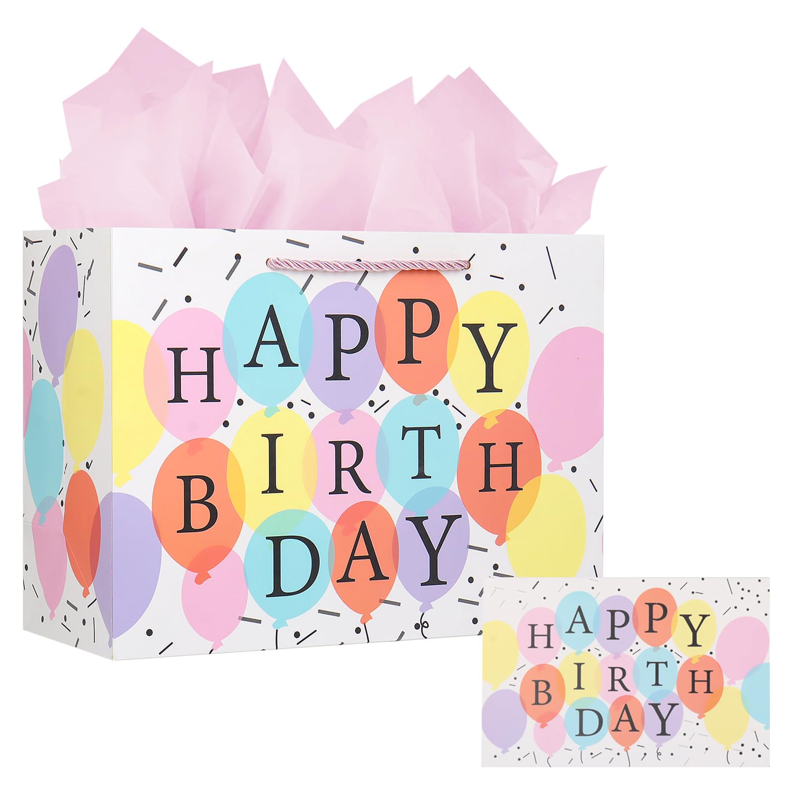 Colorful Birthday Gift Bag,Medium Gift Bags for Presents with 3 Tissue Papers and 1 Greeting Card for Girls and Women's Birthday Supplies Balloons Design with Handles - 30x12x22cm (1)