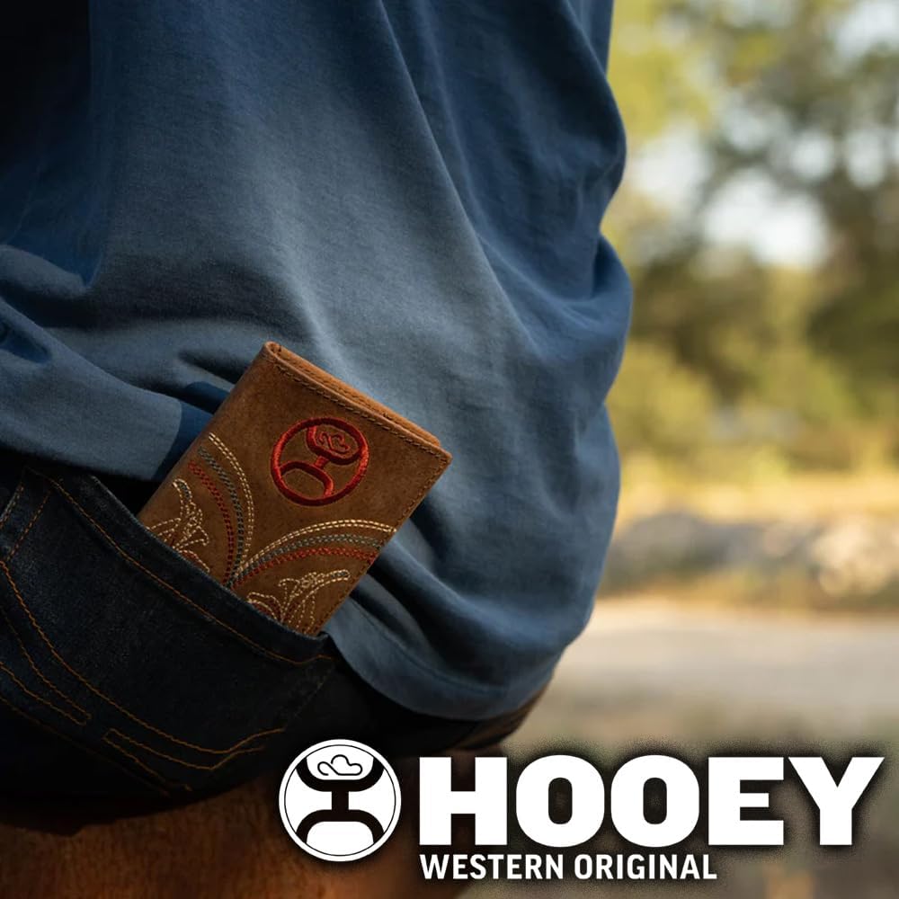 HOOEY Ranger Tan Leather Rodeo Wallet - Genuine Leather Tan Bifold with Embroidered Filigree Accents, 6 Card Slots, ID Window & Multiple Pockets - Western Wallet for Men