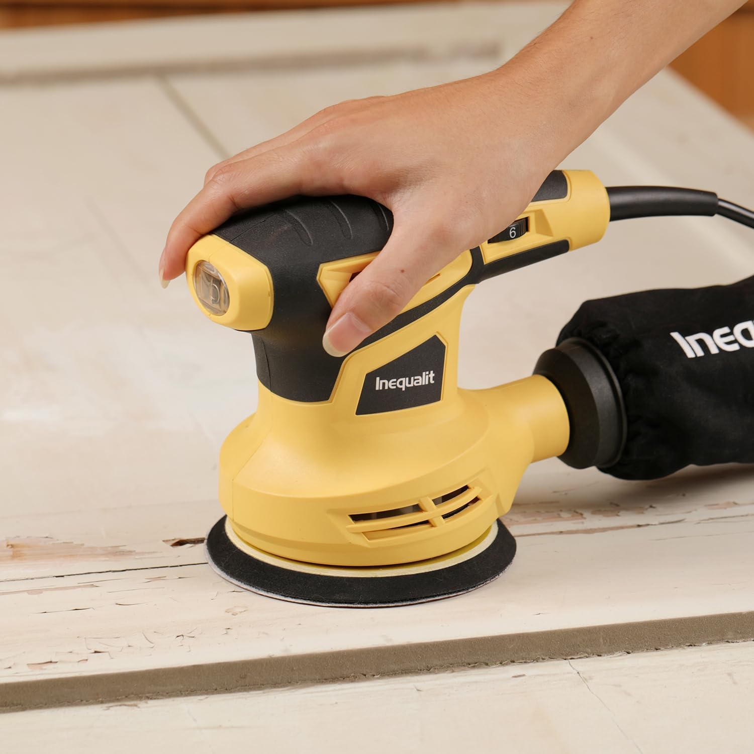 Ponceuse Orbitale Excentrique 280W, Inequalit Ponceuse Excentrique à 6 Vitesses (13000RPM),pour Surfaces en Bois et Acier,Collecteur de Poussière,Inclus Papier Abrasif 15 Pièces 125 mm,Jaune
