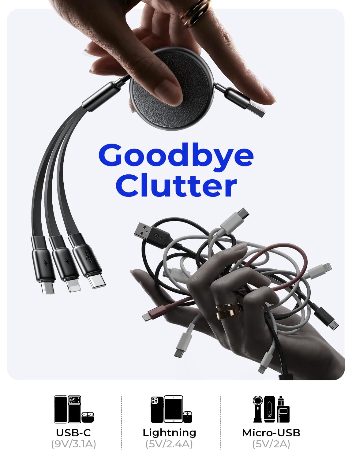 LISEN Multi Charging Cable, 3 in 1 Retractable Charging Cable, Retractable Car Charger with Type C/L/Micro USB Ports for iPhone 17 16 15 14 Pro Max/Samsung Galaxy S25/PS/Kindle, All Devices - Image 2