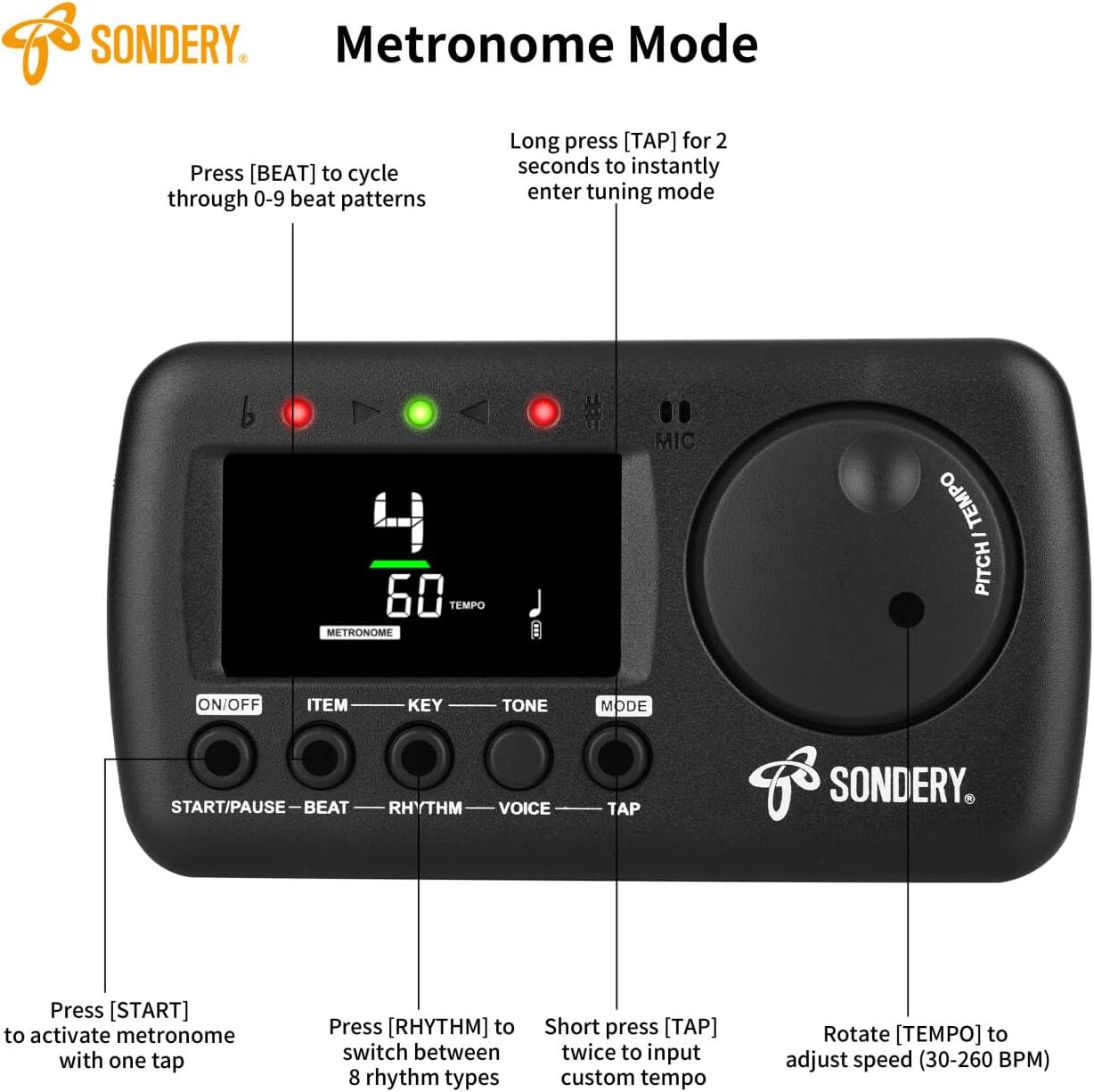 Sondery MetroTune in metronome mode, showing controls for tempo, beat, rhythm, voice, and tap.