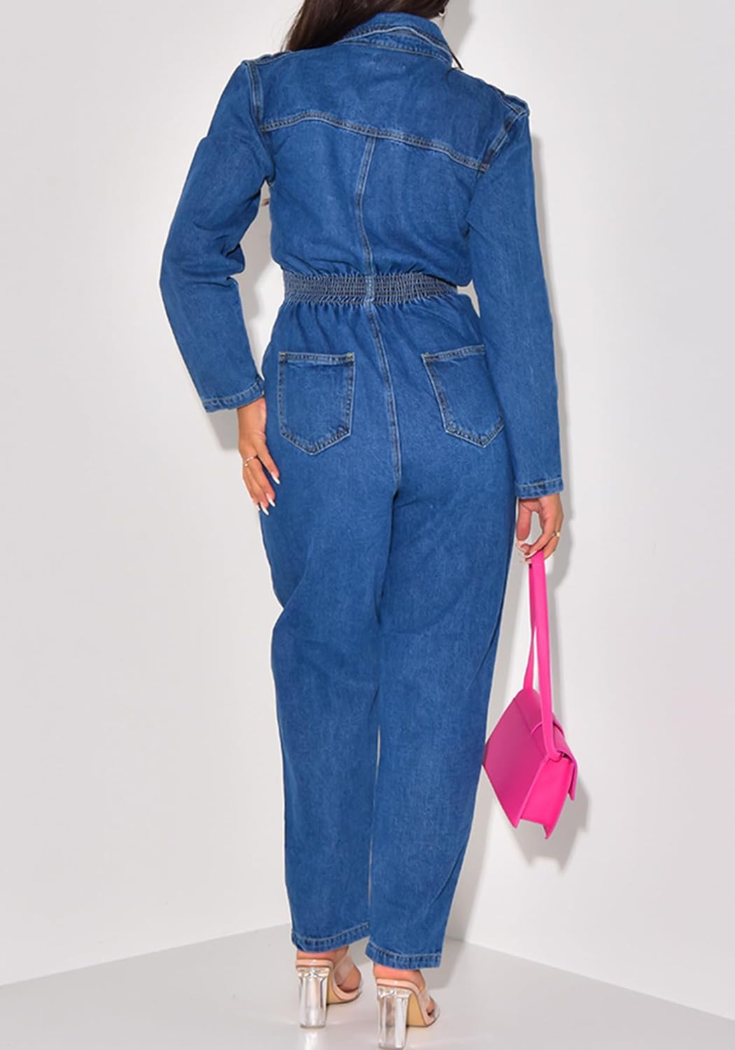 Tbahhir Women's Denim Jumpsuits Casual Collar V Neck Long Sleeve Straight Leg Jeans Tunic Rompers