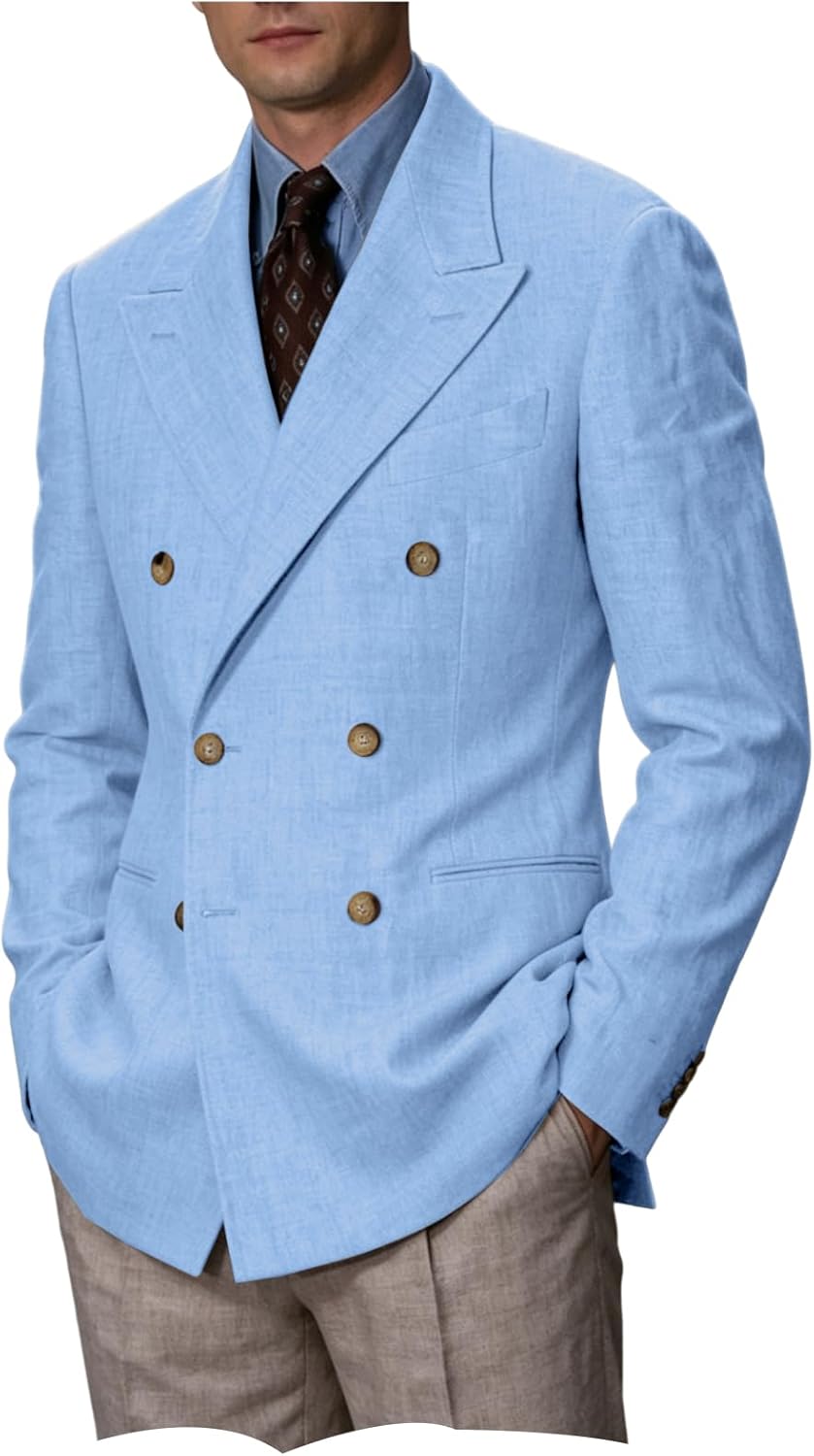 Men's Linen Blend Suit Jacket Double Breasted Classic Business Blazer Lightweight Breathable Summer Office Work