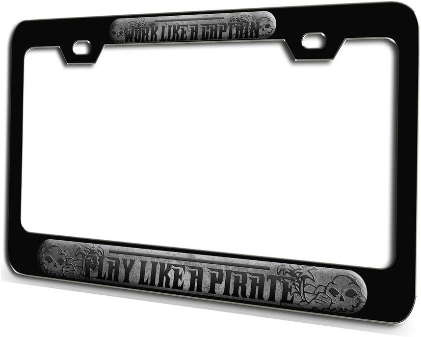 Makoroni - Work Like A Captain Play Like A Pirate Pirate Black Steel License Plate Frame 3D Style