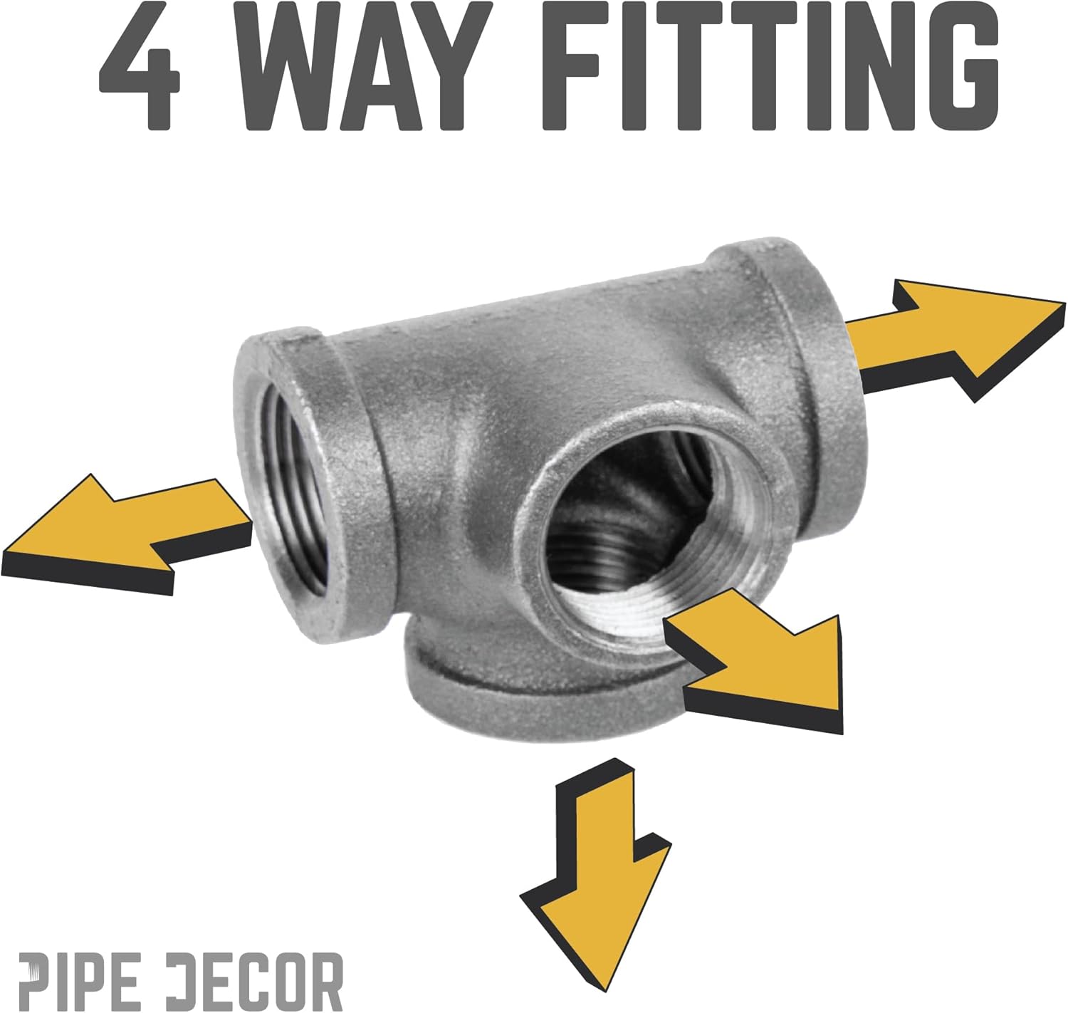 PIPE DECOR Side Outlet Tee Fitting, 3/4 Inch, Black Malleable Iron, Set of 4 – For Plumbing, DIY Furniture, and Standard 3/4 Inch Plumbing Pipe