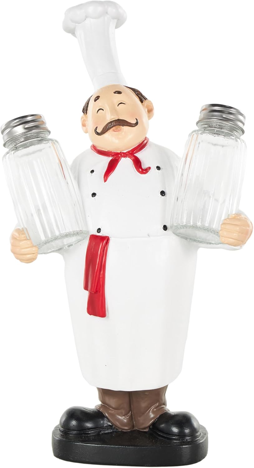 Deco 79 Polystone Chef Salt and Pepper Shaker Holder Kitchen Decorative Figurine with Red Accents, 6" x 4" x 11", White