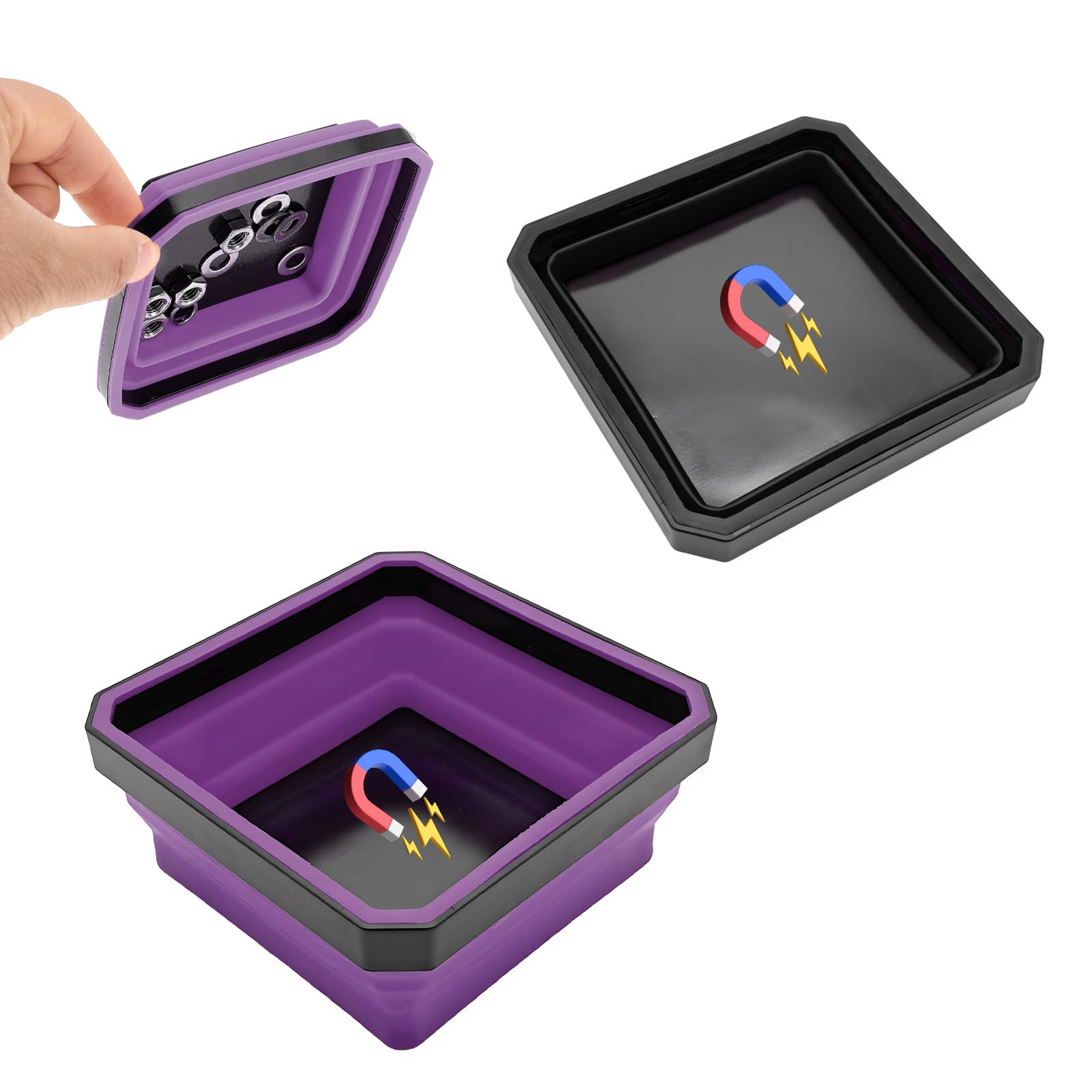 Yourkar 2 PCS Collapsible Magnetic Parts Trays, 4.5 Inch Foldable Magnetic Square Silicone Tray, Tool Tray Set with Double-Sided Magnetic Base for Screw Bolt Nut, Car Accessories (Black+Purple)-image-31