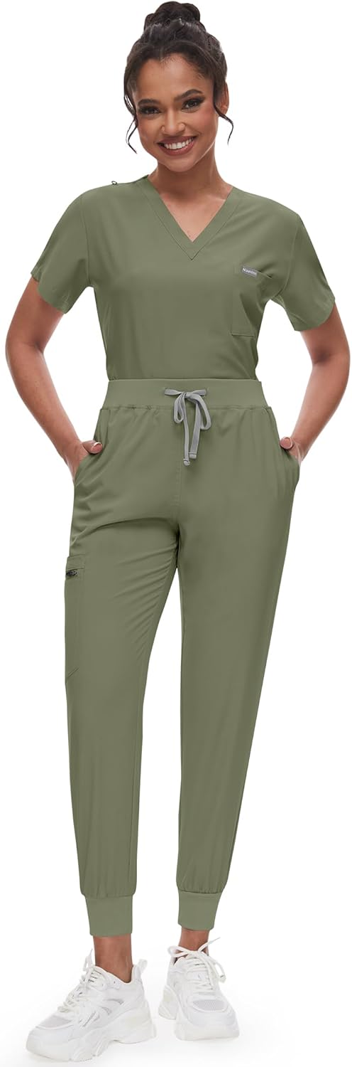 niaahinn Scrubs for Women Set - Classic V-neck Top & Yogga Waistband Jogger Pants with 8 Pockets Breathable Slim Fit Suit
