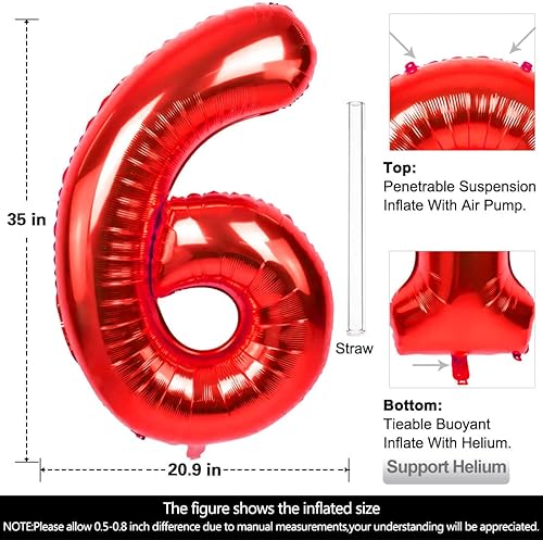 Miniatura 2 de Globo rojo grande de 40 pulgadas con el número 6, globos de helio de aluminio de Mylar de tamaño extra grande para fiestas de cumpleaños,