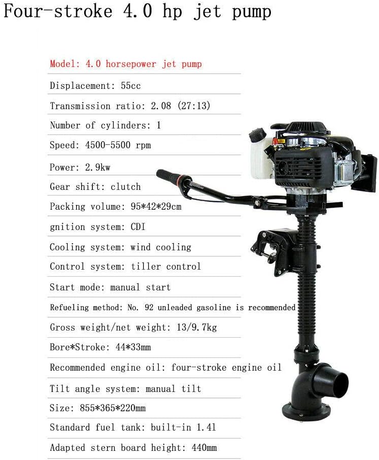 4 Stroke 4 HP Outboard Motor Boat Engine Wind Cooling CDI System 52cc Jet Pump, 5500 rpm, for Fishing, Aquaculture, Adventure, Inflatable Boats, Iron Boats, 14.37 * 8.66 * 36.22in
