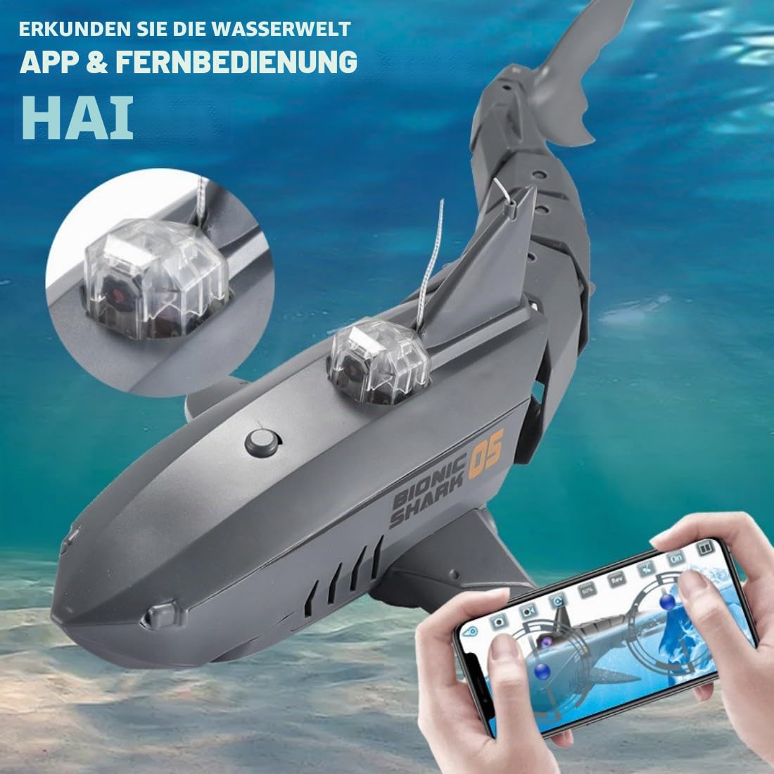2,4GHz Ferngesteuerter RC-Hai mit APP-Kamera – Wasserdichtes Hai-Boot mit Doppelmotor, 360° Drehung und Wiederaufladbarem Akku, Sommer-Wasserspielzeug für Pool und See (Schwarz)