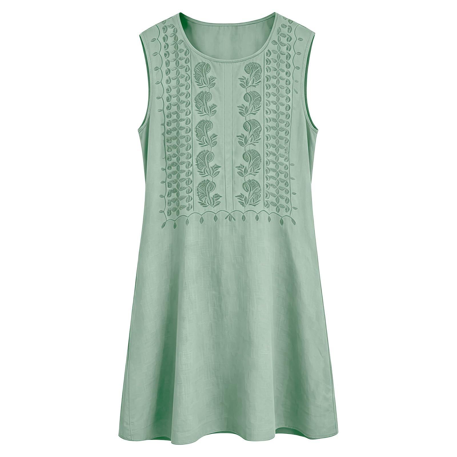 Robe Femme sans Manches avec Motifs Brodés Poches Latérales Coupe Trapèze Décontractée Élégante pour Été et Loisirs