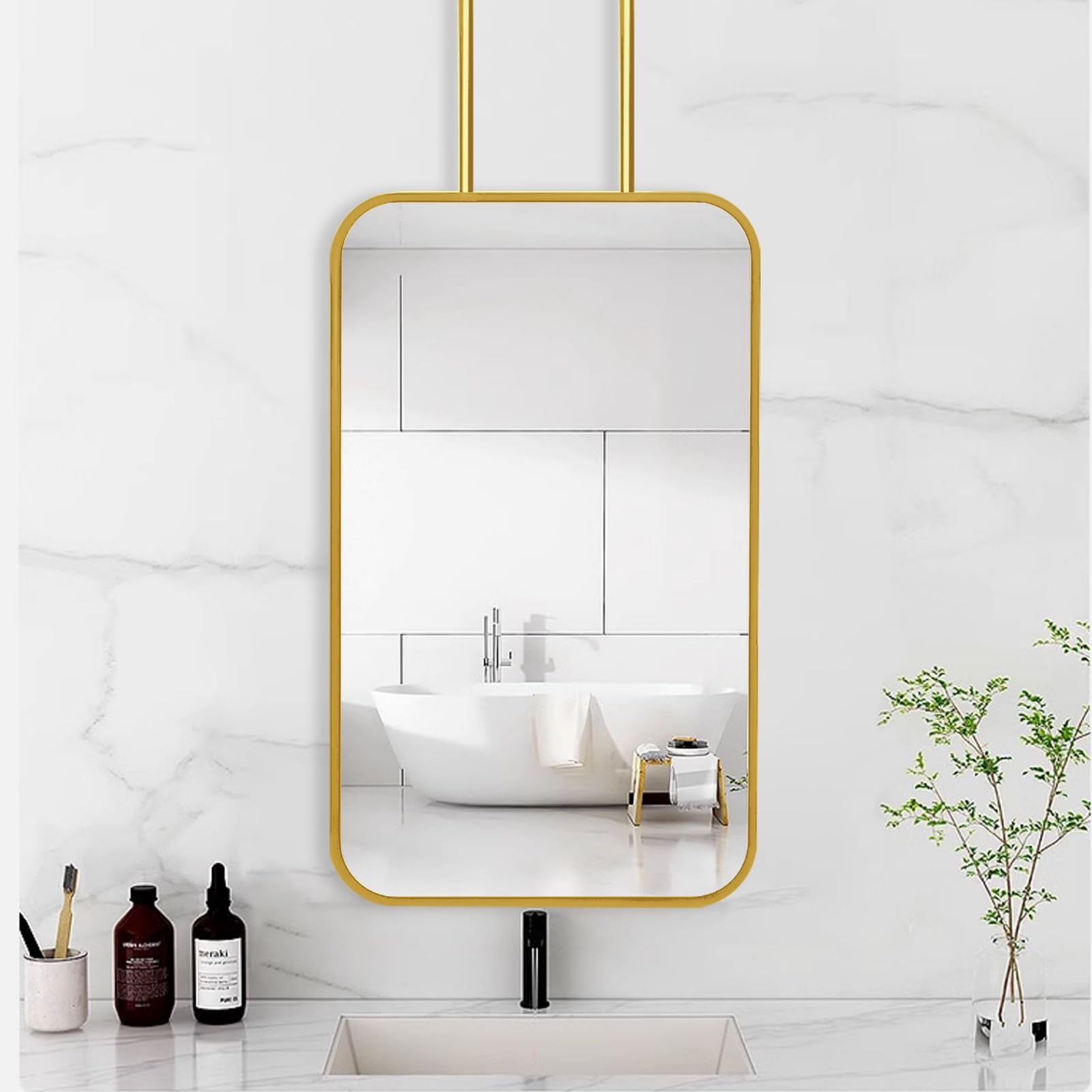 FGXHHS Gold Vertical Ceiling Mounted Mirror, Metal Frame Hanging Mirror with Customizable Boom, Hotel Bathroom HD Modern Simple Large Mirror(50cmx70cm)