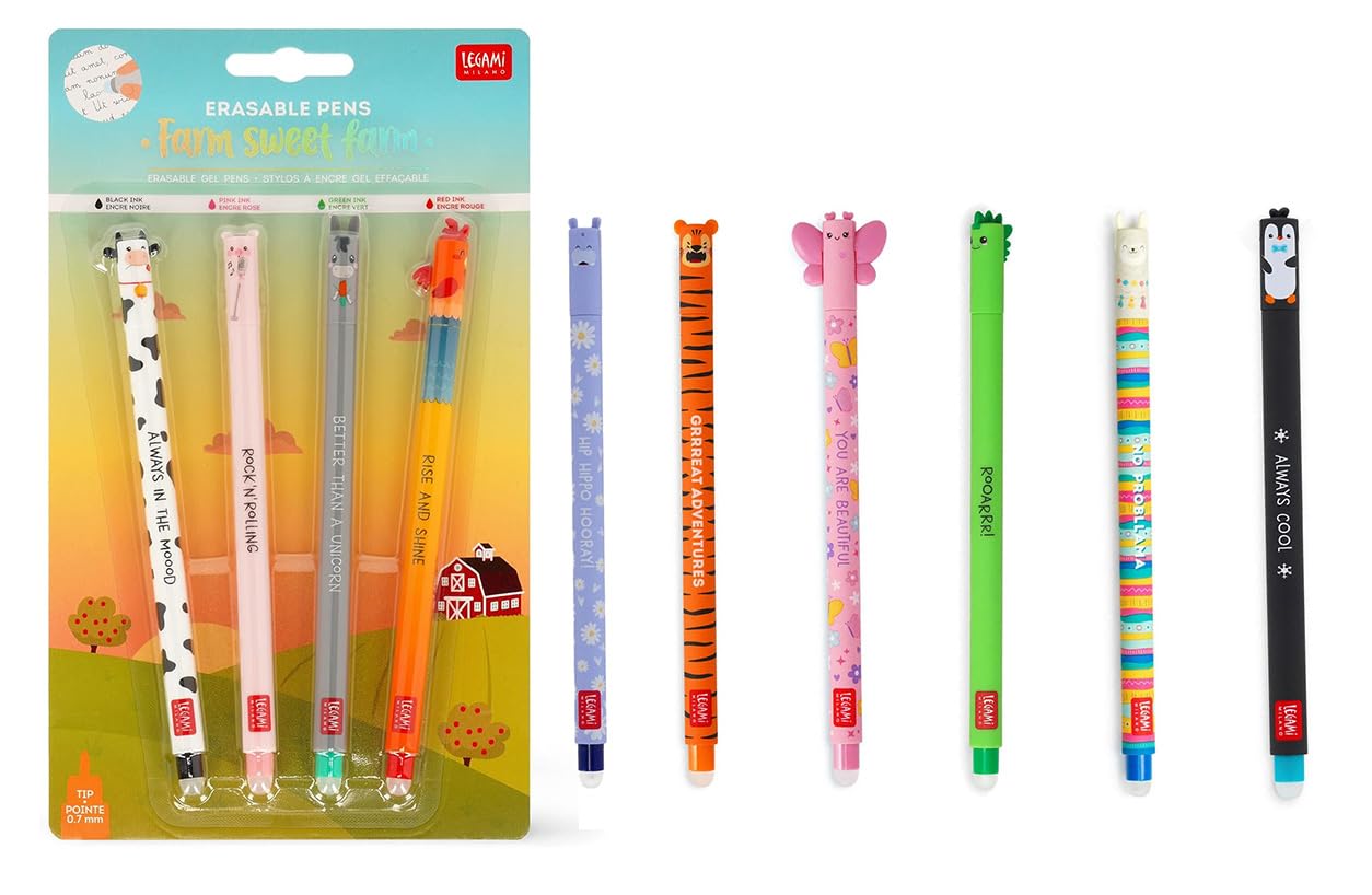 Legami Set de 10 bolígrafos de gel borrables, inspirado en animales de granja: hipopótamo, tigre, mariposa, dinosaurio, llama y pingüino