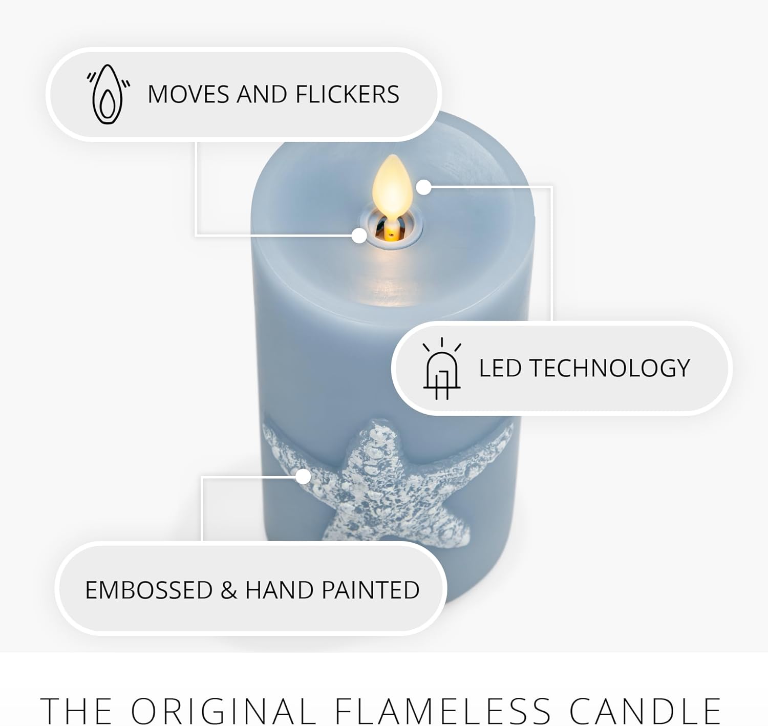 Luminara Embossed Starfish Flameless LED Candle Moving Flame Pillar, Unscented Real Wax with Recessed Edge- 3" x 6.5" (Chambray)