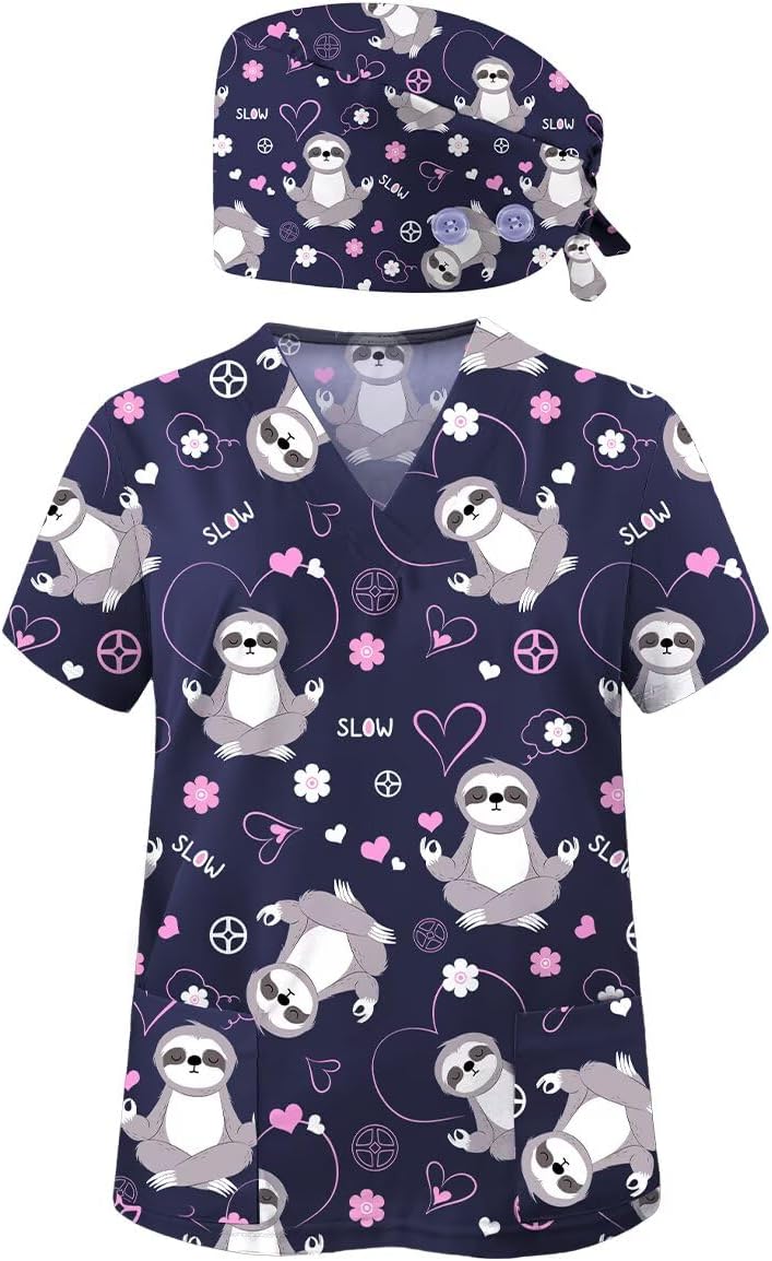 3Pcs Women's Scrubs Set with Scrub Pants Caps Cute Printed V Neck Tops Soft Casual Nurse Uniform With Pocket - Image 2