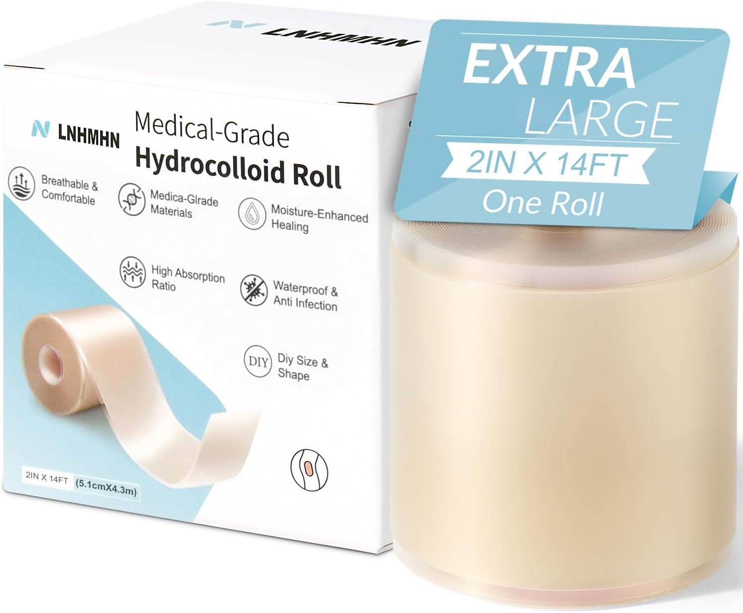 Hydrocolloid Roll Bandages, Extra Long Cut-to-Size Pimple Patch Tape for Face & Body, Ultra Absorbent Large Hydrocolloid Patch for Blister, Burn, Wound Care, Waterproof & Flexible (2in x 14ft)