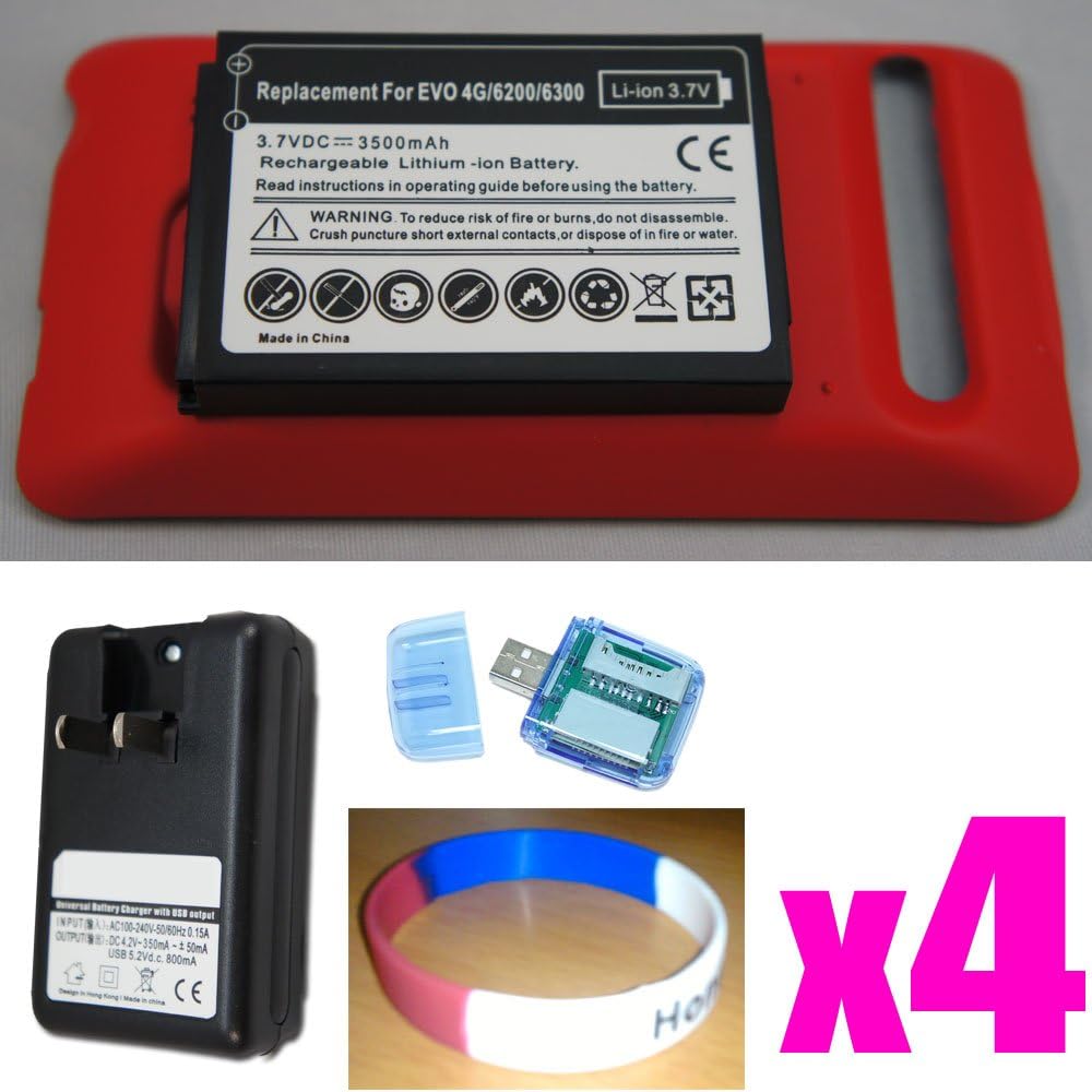 HTC Evo 4G 3500mah Extended Battery + Cover (Red) + Standard Wall Charger + All in One Card Reader/writer + Silicone Wrist Band