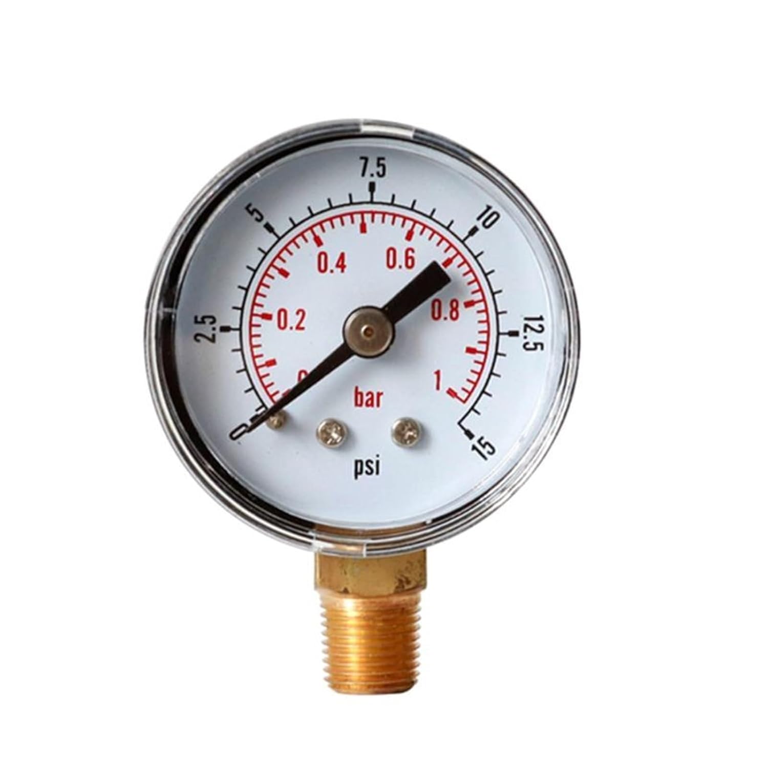 40mm Face Pressure Gauge 1/8" BSPT Bottom Mount 15,30,60.100,160 200, 300 PSI & Bar for Air Gas Water Fuel Liquid.(15psi)