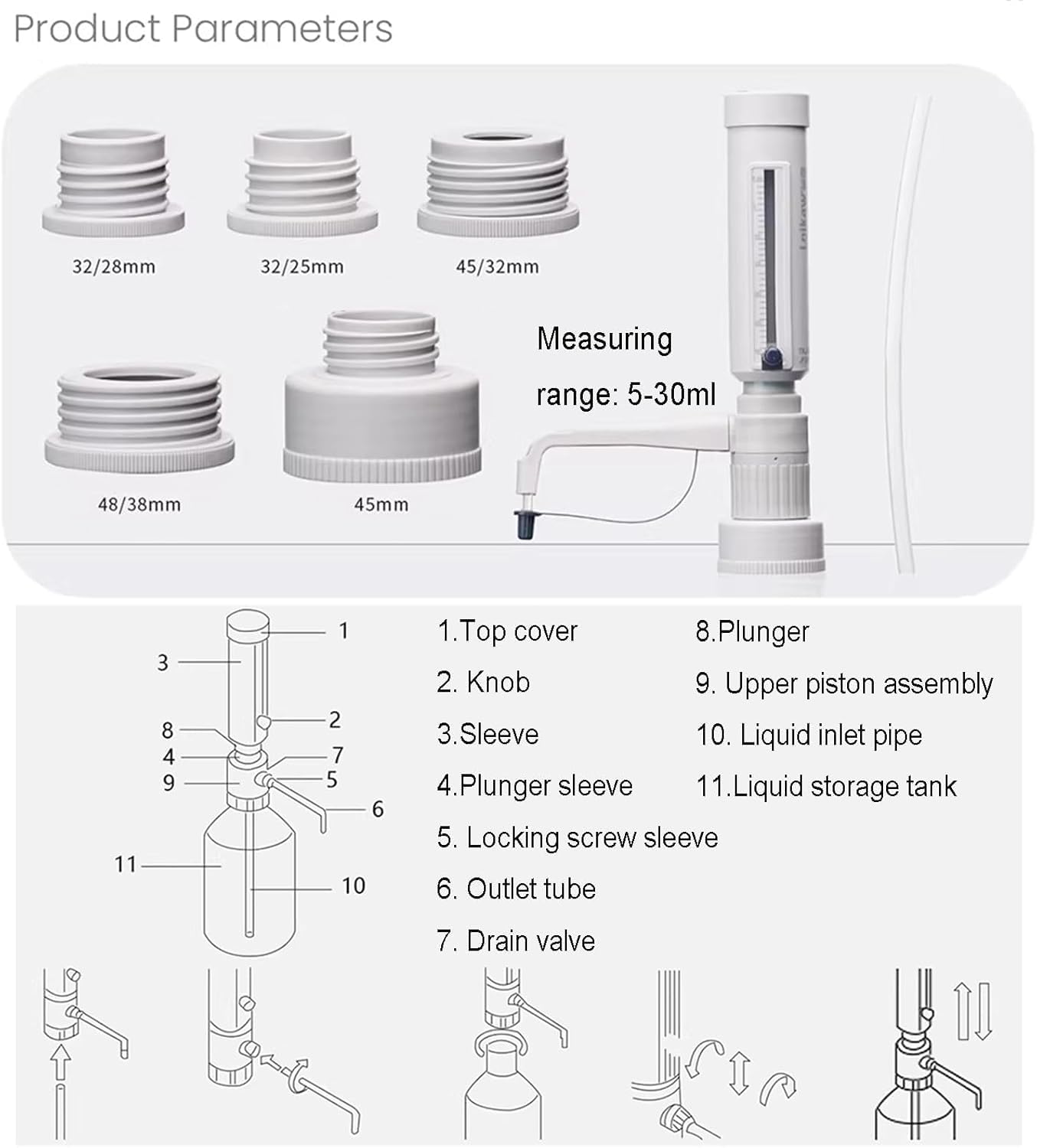 Labor-flüssigkeitsbürette, Flaschenaufsatz-dosierer, Quantitative Dosierer, Einstellbares Volumen 5–30 Ml, Mit 5 Gl-gewindeadaptern, Dosiert Reagenzien Präzise Aus Laborflaschen. 250ml