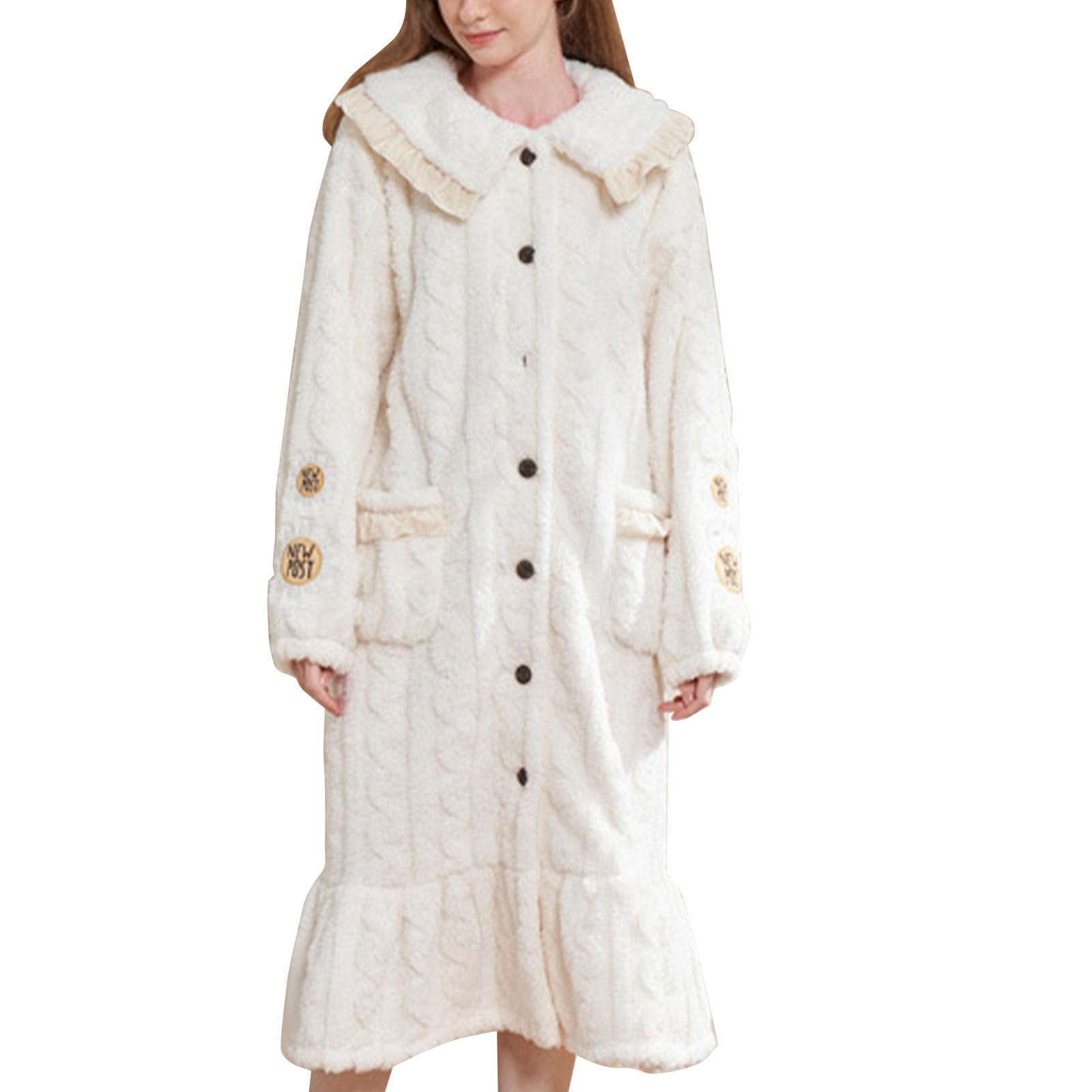 Generisch Camicia da notte invernale da donna, con scollo rotondo, a maniche lunghe, in flanella, calda, tinta unita, jacquard, con tasca, abito invernale di grandi dimensioni, abito da notte oversize