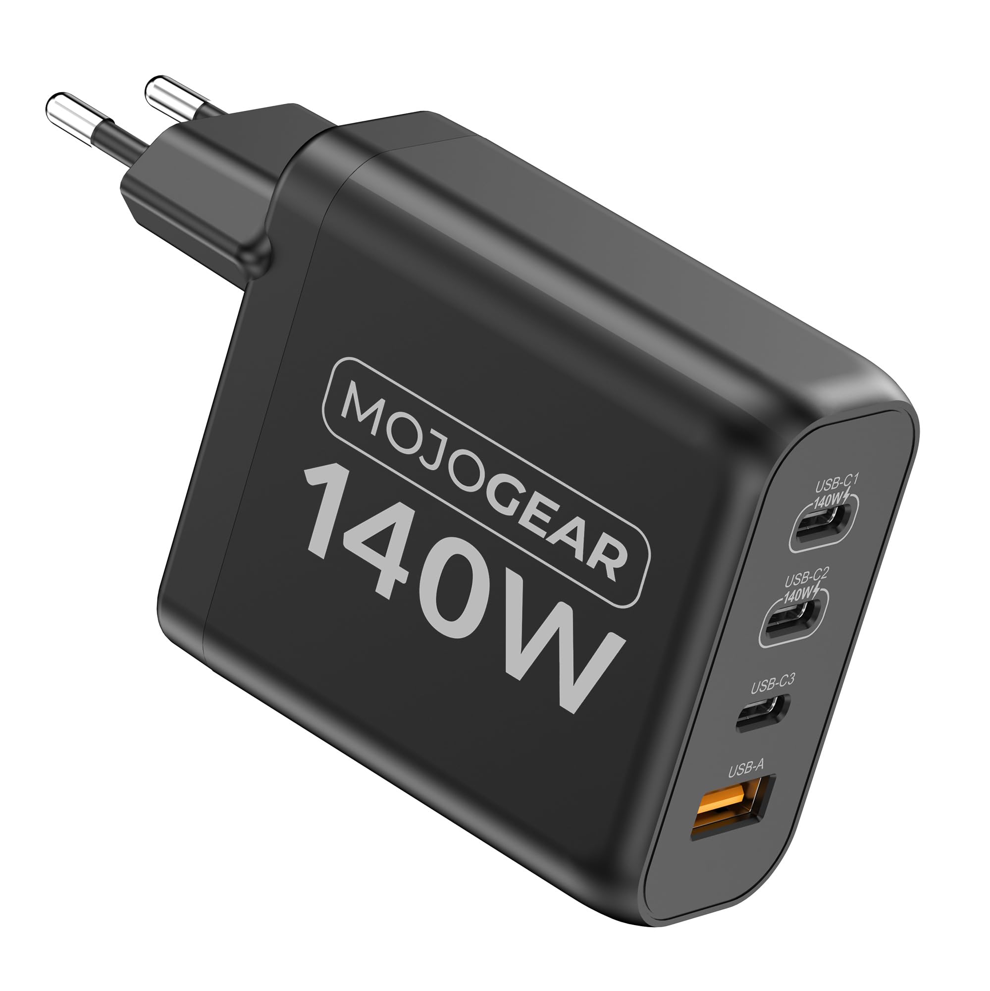 MOJOGEAR Charge+ Caricabatterie da 140 Watt con 4 Porte USB/USB-C — Caricabatterie con USB Power Delivery — Caricabatterie da 140 W per Laptop, Smartphone, Tablet, tra Gli Altri