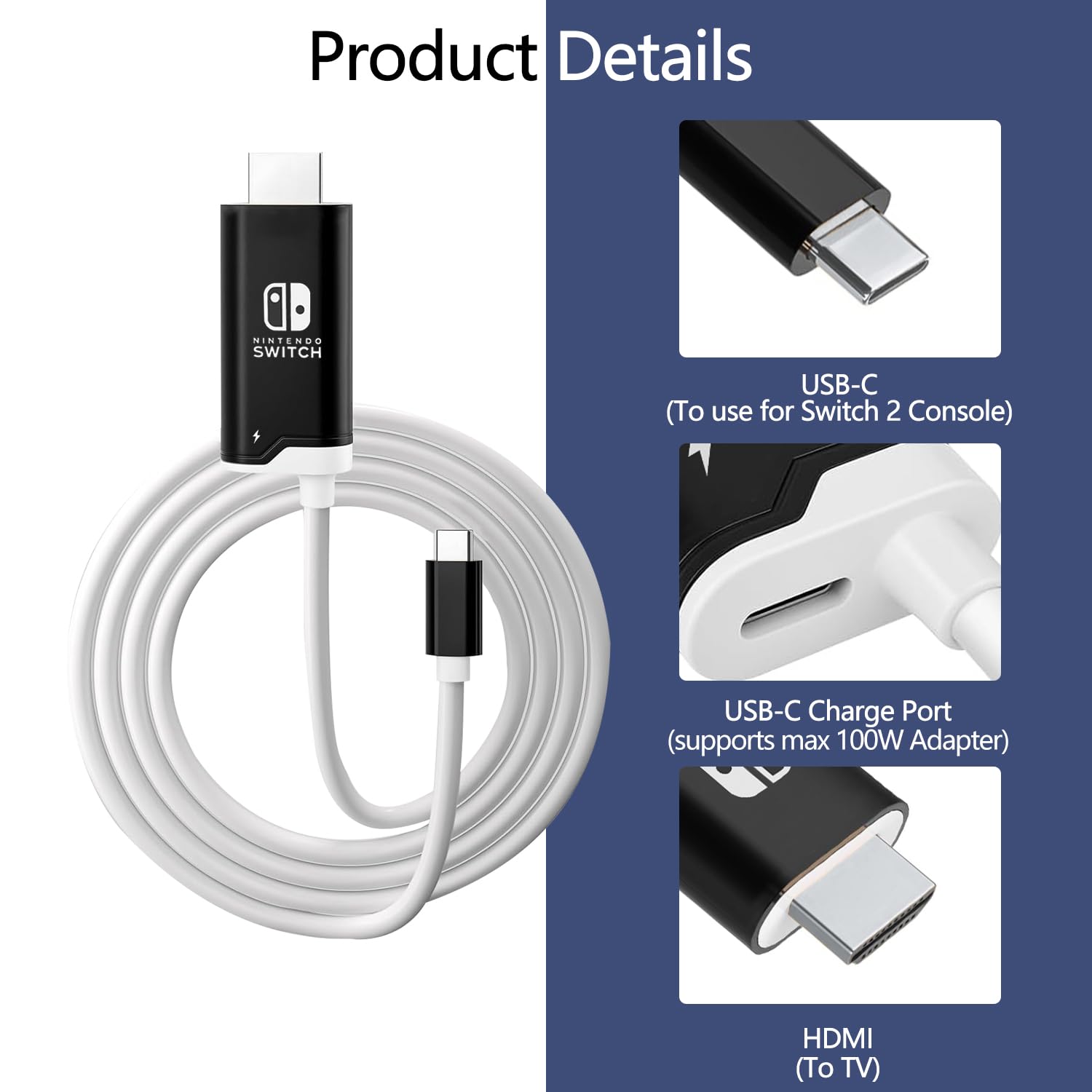 GKEAPZA USB-C to HDMI Switch Dock Cable – 4K 60Hz TV Adapter with 100W PD Charging, Portable Gaming Dock for Switch 2/OLED/Switch (Black) - 3