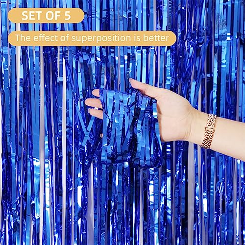 Image of 5 Pack Blue Fringe Foil Curtains 3.2ft x 8.2ft Tinsel Backdrop Streamers for Birthday Party Decoration Wedding Christmas Decoration (Navy)