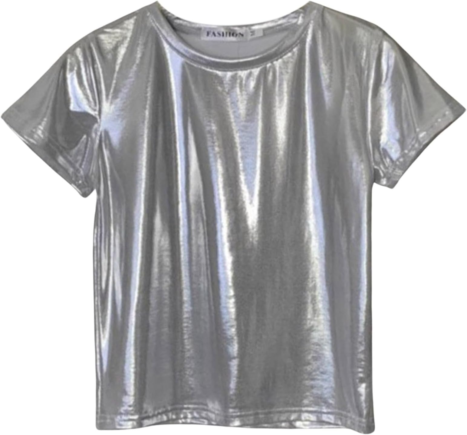 Metallic Top for Women Shiny Tops Glitter Plain Pullover Tunic Metallic Lightweight T-Shirt Crew Neck Dance Club T-Shirt Sexy T Shirts Festival Short Sleeve