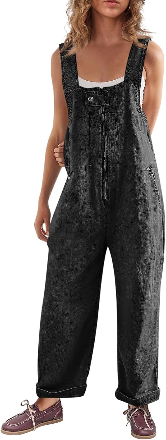 Cicy Bell Womens Casual Denim Bib Overalls Wide Leg Sleeveless Zipper Loose Jean Pants Jumpsuits with Pockets