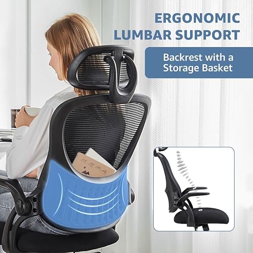 Miniatura 7 de Silla de oficina, sillones de escritorio ergonómicos con soporte lumbar ajustable y reposabrazos abatibles, silla de trabajo de malla con respaldo