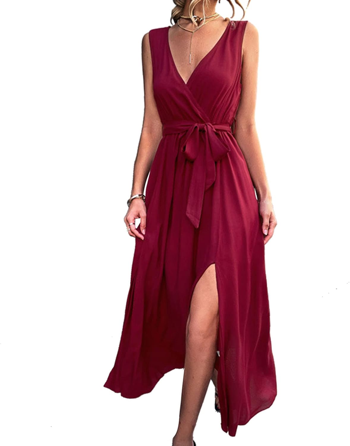 Vestidos Largos con Escote en V Profundo, Vestido Largo de Temperamento de Cintura Alta de Verano para Mujer Banquete de Fiesta sin Mangas Cuello en V Profundo Color Liso Abertura Lateral Vestido Maxi