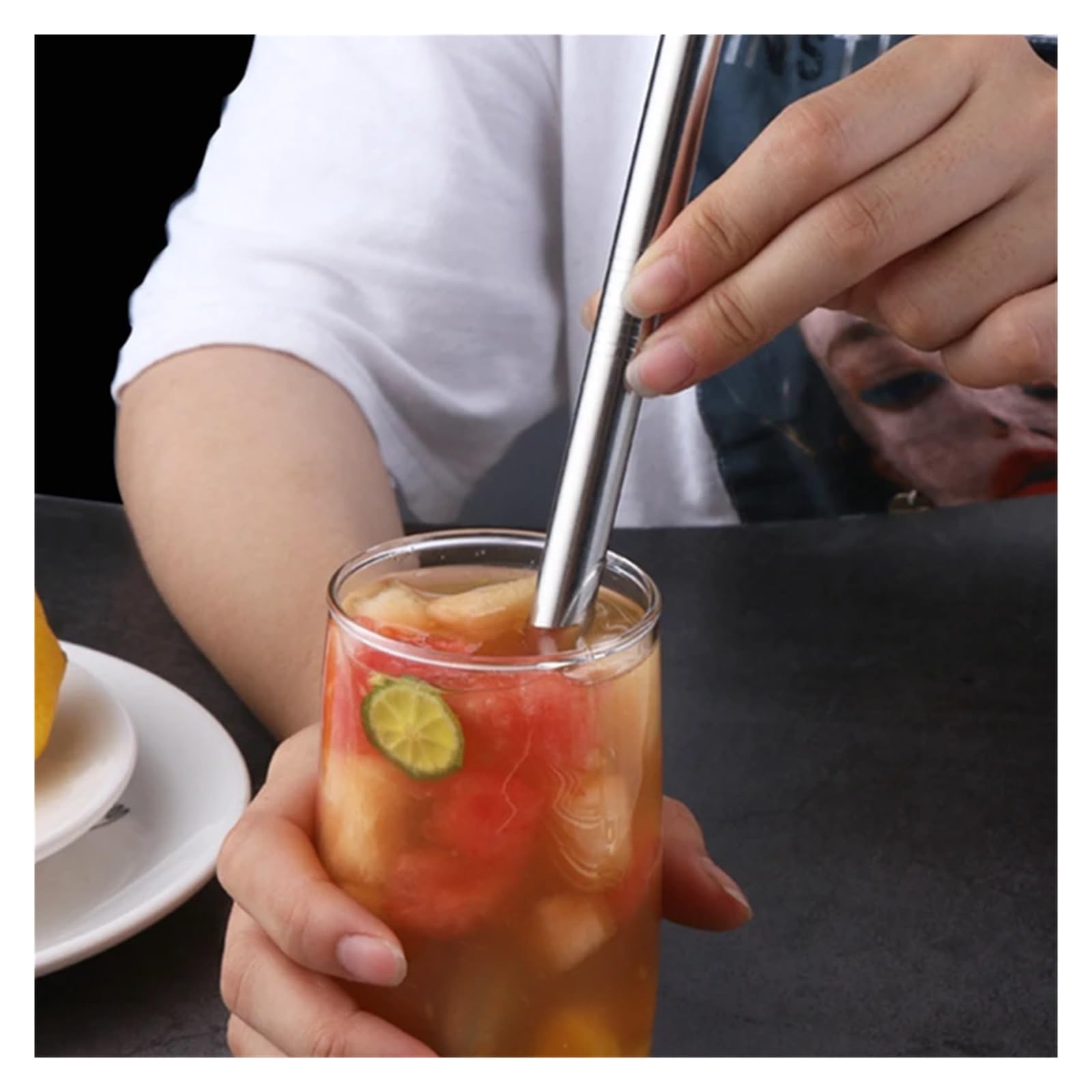 Strohhalme Wiederverwendbares Trinkhalm-Set aus Edelstahl 304 mit Reinigungsbürsten, gerader und gebogener Boba-Strohhalm, ideal for Bars Partys für Smoothie(12Pcs Rainbow A)