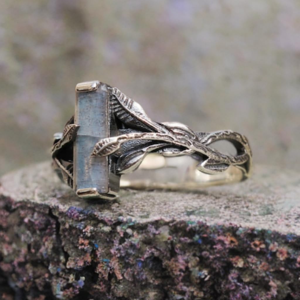 Handcrafted 925 Sterling Silver Birthstone Ring for Women & Men | Nature Leaf Design | Emerald Cut Gemstone | January–December Birthstones, Black Onyx, Labradorite, Moss Agate