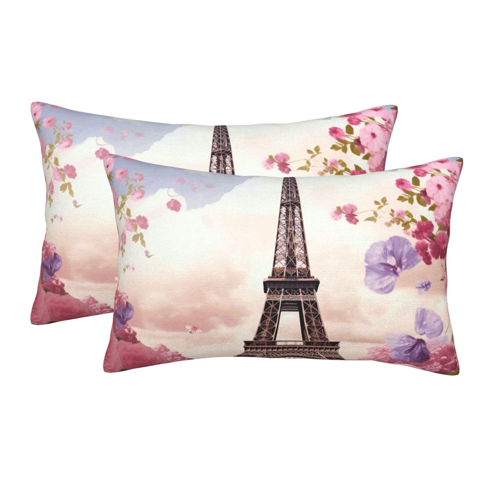 2 Pack Standard Size Pillow Cases for Hair and Skin Soft Breathable Pillow Case Covers with Hidden Zipper Eiffel Tower Spring Flowers Pillowcase 14"x20" Pillow Cover for Sleeping Gift