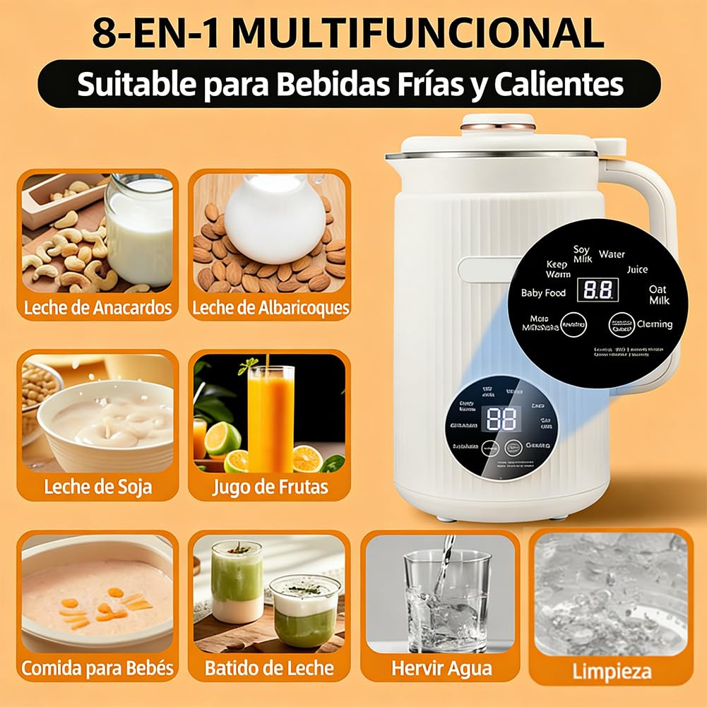 Leche Vegetal Maquina, Máquina para Hacer Leche Vegetal Casera 1200ml,10 Cuchillas de Acero Inoxidable, 8 Programas Automáticos y Función Mantener Caliente (Blanco)