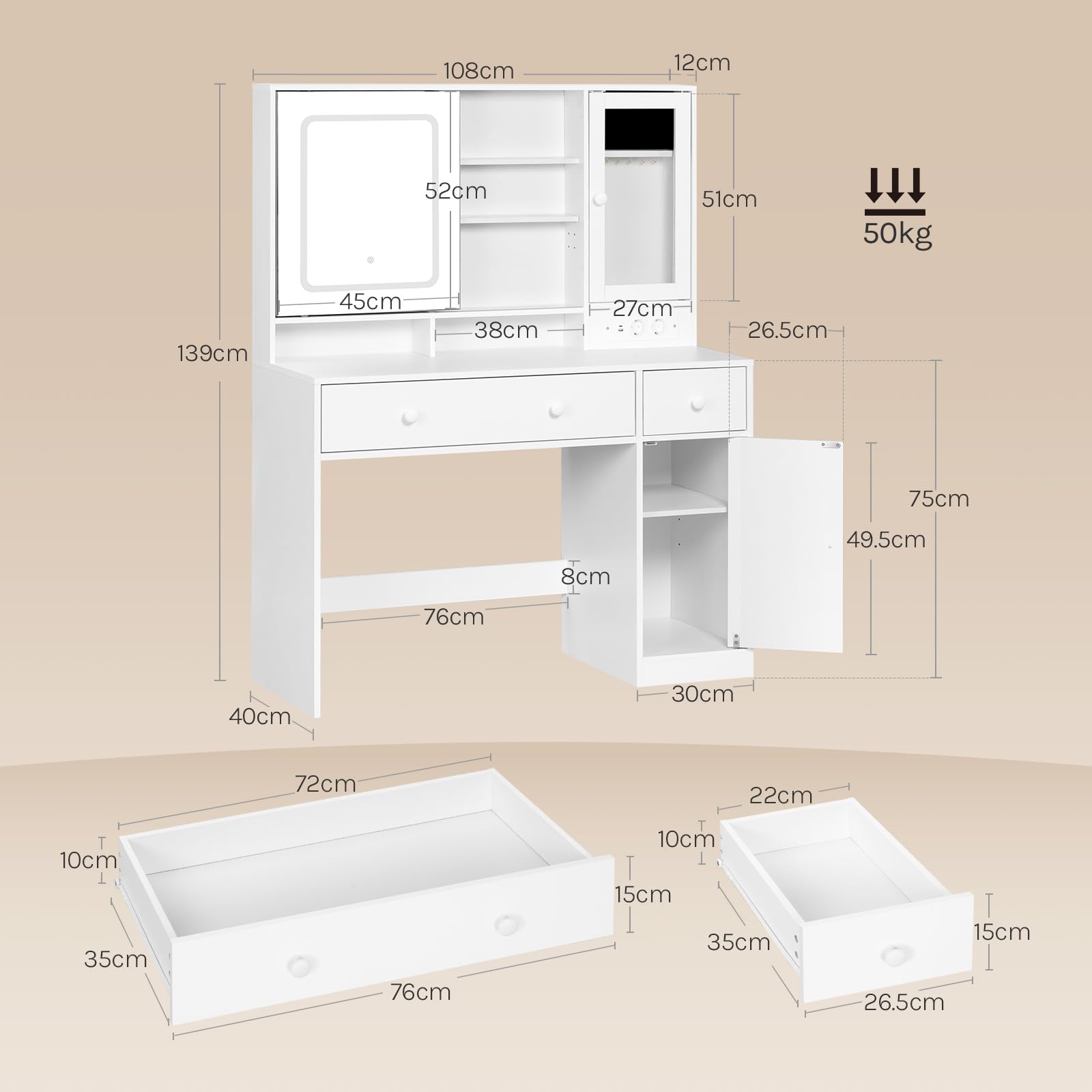 WOLTU Tocador Maquillaje con Joyero, Espejo Luz LED Ajustable, Mesa Tocador Maquillaje con Enchufes, Cajones y Estantes, Blanca, MB6125ws