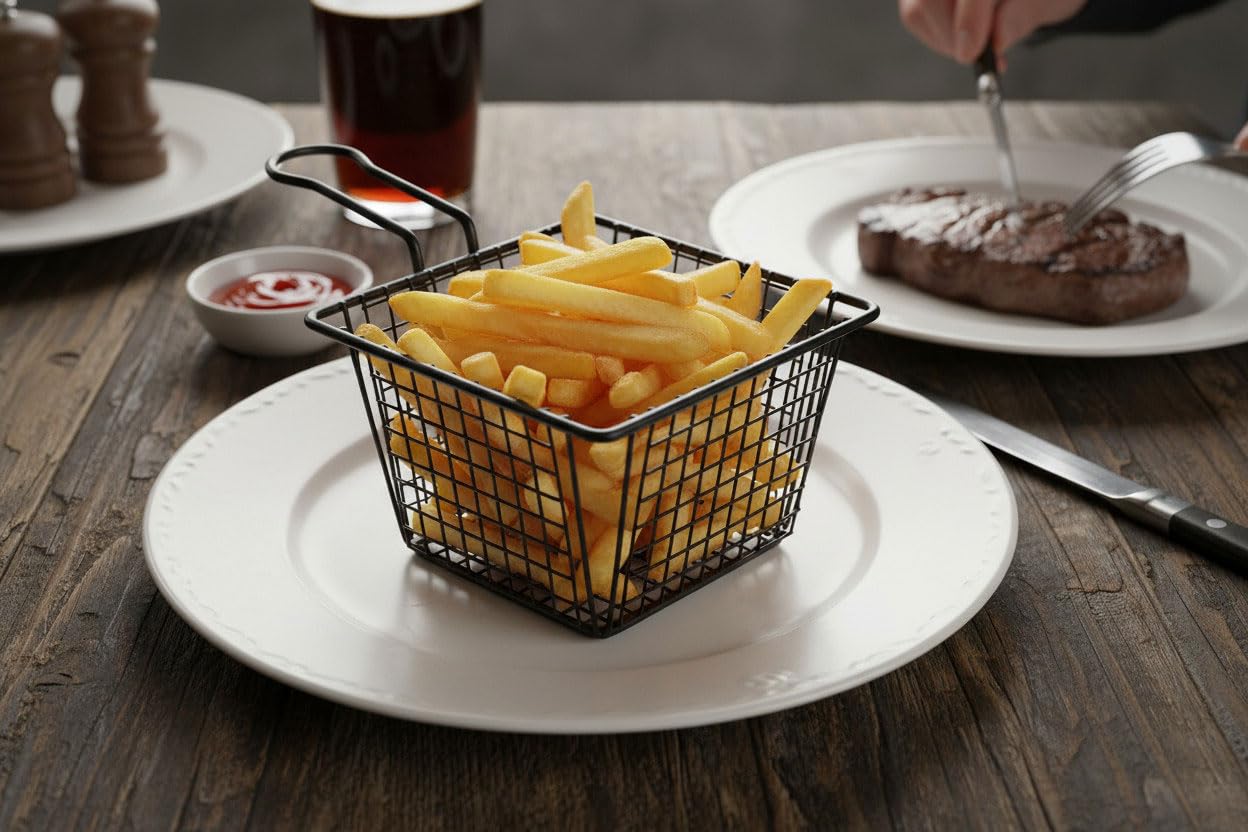 LS-LebenStil 2x Pommes-Korb Servierkorb Frittierkorb für Pommes mit Griff 2´er Set Schwarz 22x13x8cm Quadratisch dickes Servierkörbchen zum Servieren Präsentieren von Speisen Zwiebelringe Garnelen